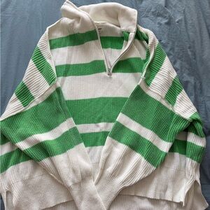 Aerie Green and White Striped Half-Zip Sweater